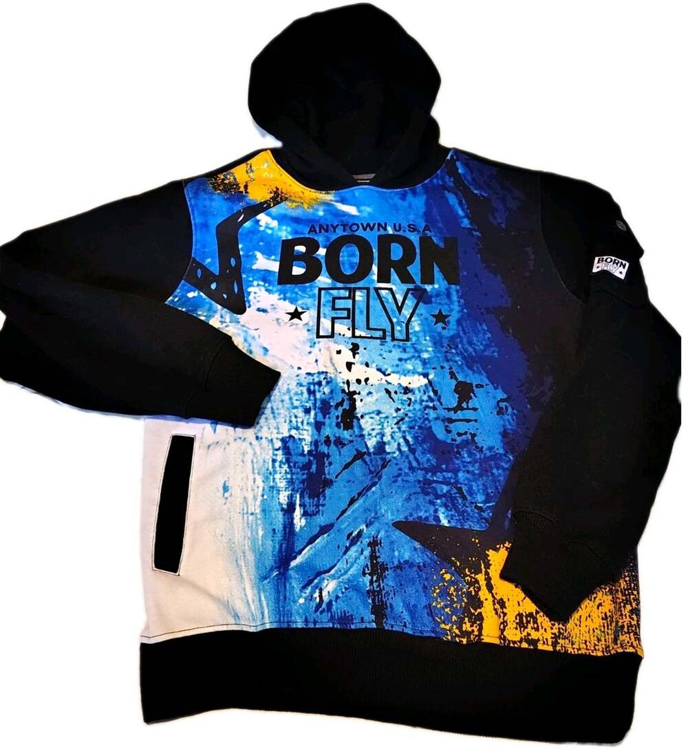 Born Fly Boys L Pullover Hoodie Hooded Pockets Graphic Logo Blue/Black